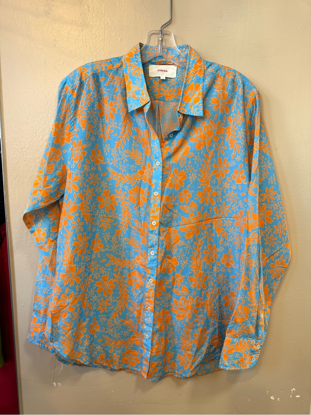 Xirena Blue Orange Floral Cotton Silk Button Down Shirt Size S